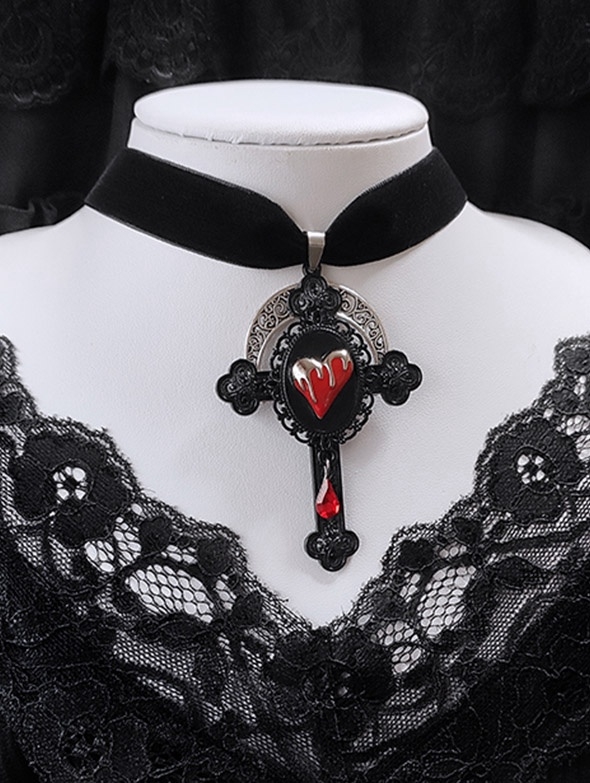 Blood Moon Dark Gothic Heart Cross Pendant Velvet Choker