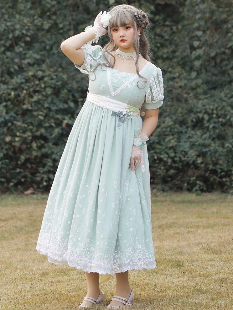 Green Lily of the Valley Embroidered Puff Sleeve Midi Classic Lolita OP Dress