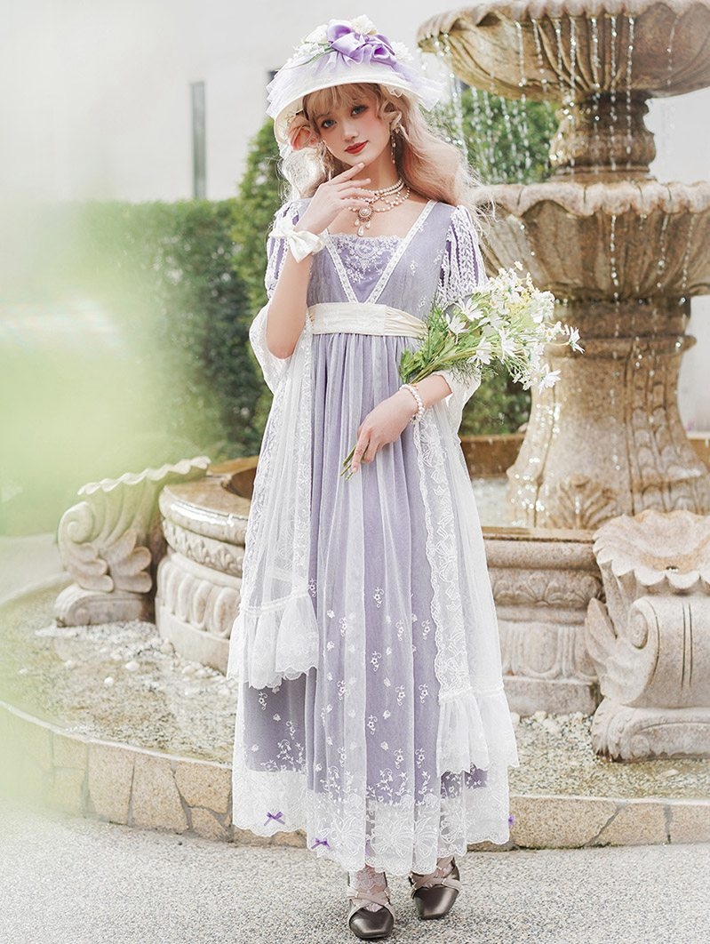 Purple Lily of the Valley Embroidered Puff Sleeve Midi Classic Lolita OP Dress