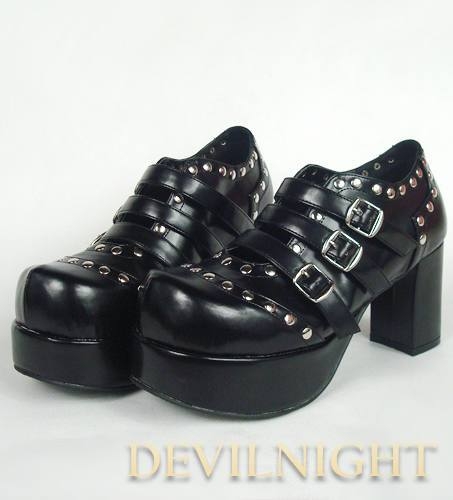 Black Punk Lolita Ankle High Heel Boots With Metal Buckle