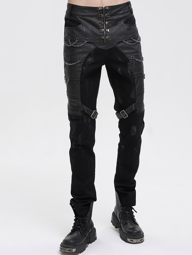 Black Gothic Punk Metal Buckle Chain Long Fitted Pants for Men