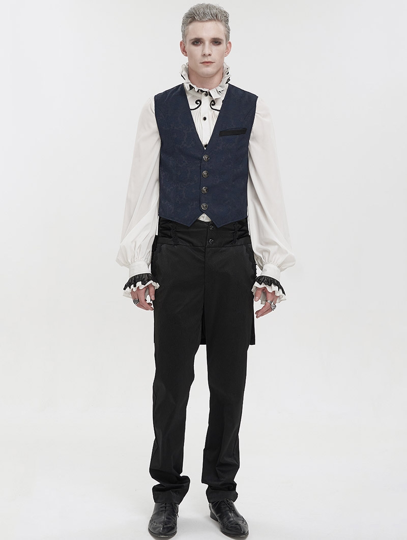 Blue and Black Gothic Retro Jacquard Tailed Waistcoat for Men