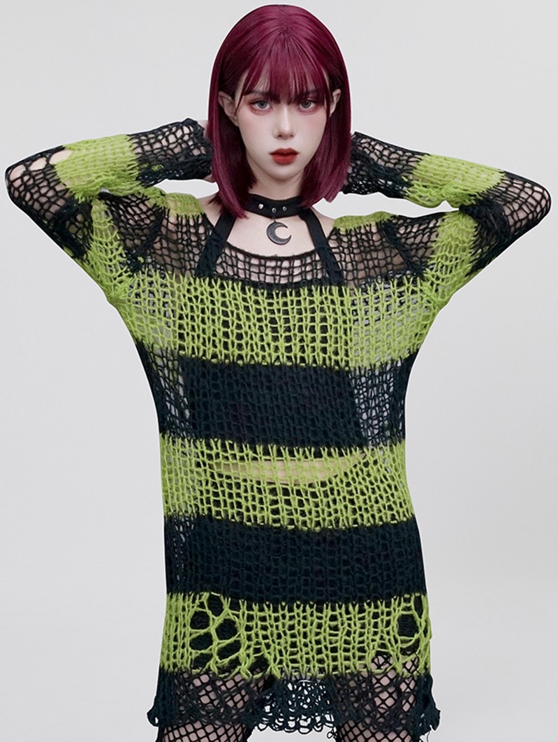 Black and Green Gothic Grunge Stripe Decayed Pullover Sweater for Women