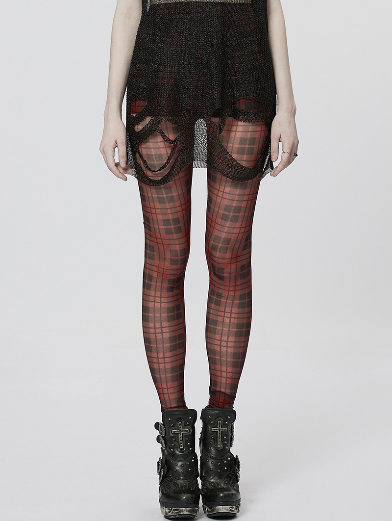 Black and Red Plaid Gothic Grunge Mesh Leggings for Women