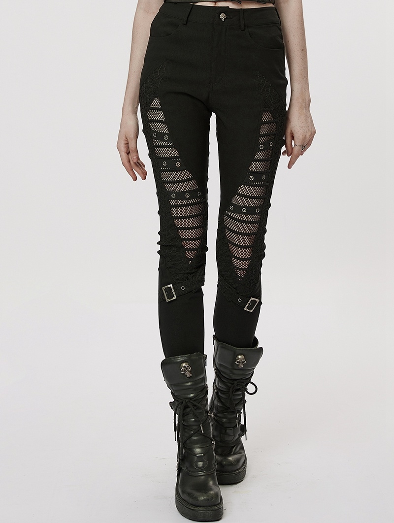 Black Gothic Punk Hollow-Out Mesh Spliced Long Pants for Women