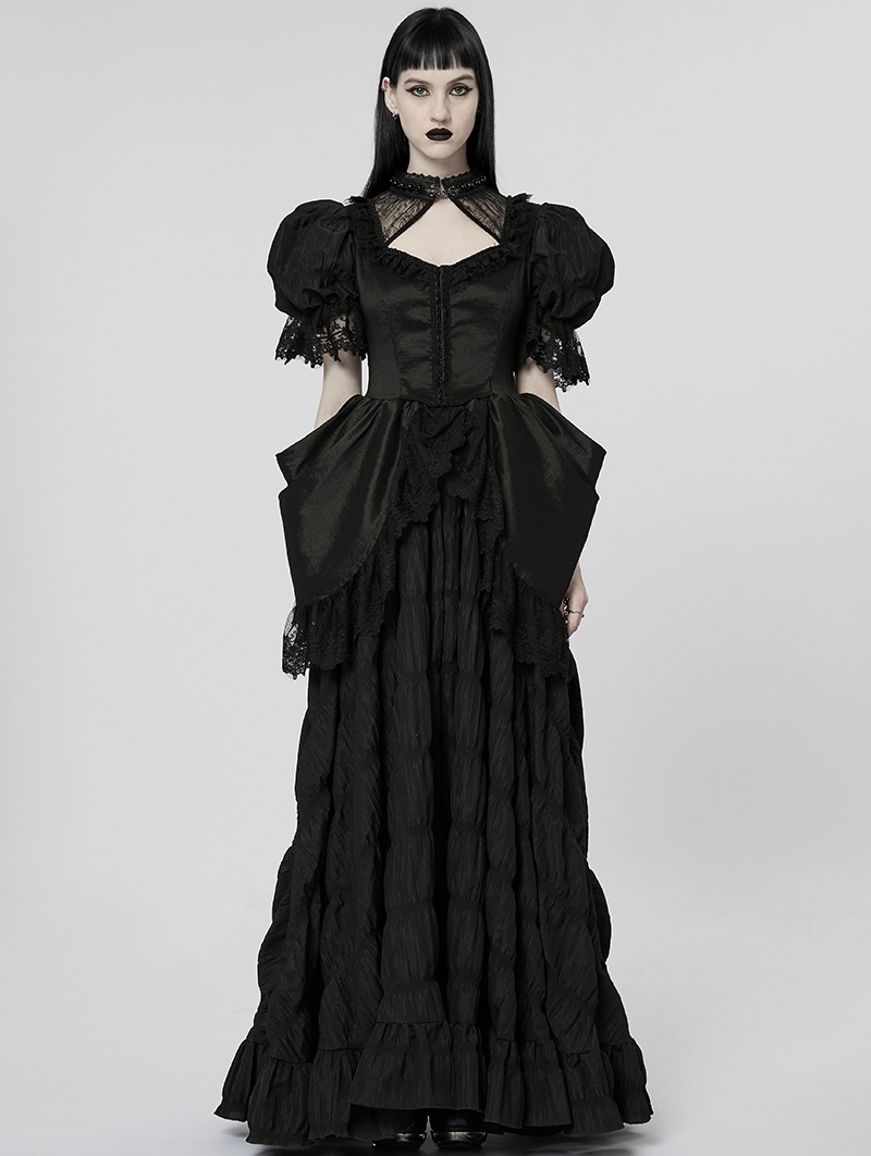 Black Gothic Gorgeous Embroidered Lace Puff Sleeve Long Victorian Party Dress