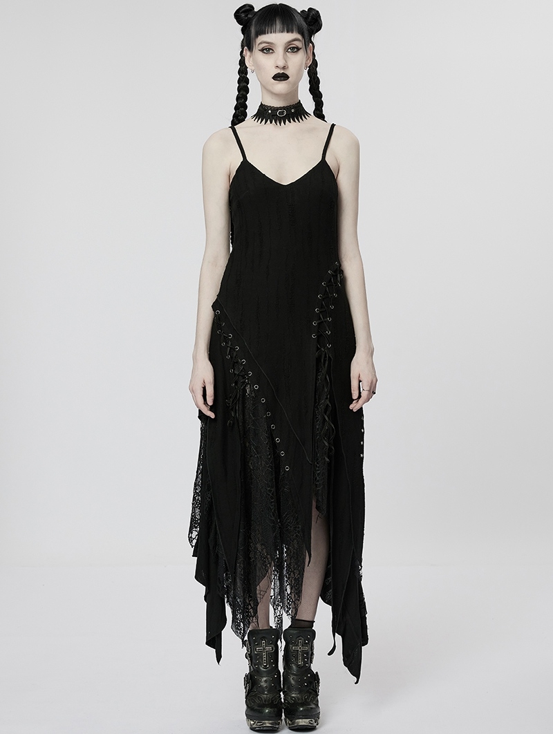 Black Gothic Punk Decadent Irregular Long Slip Dress