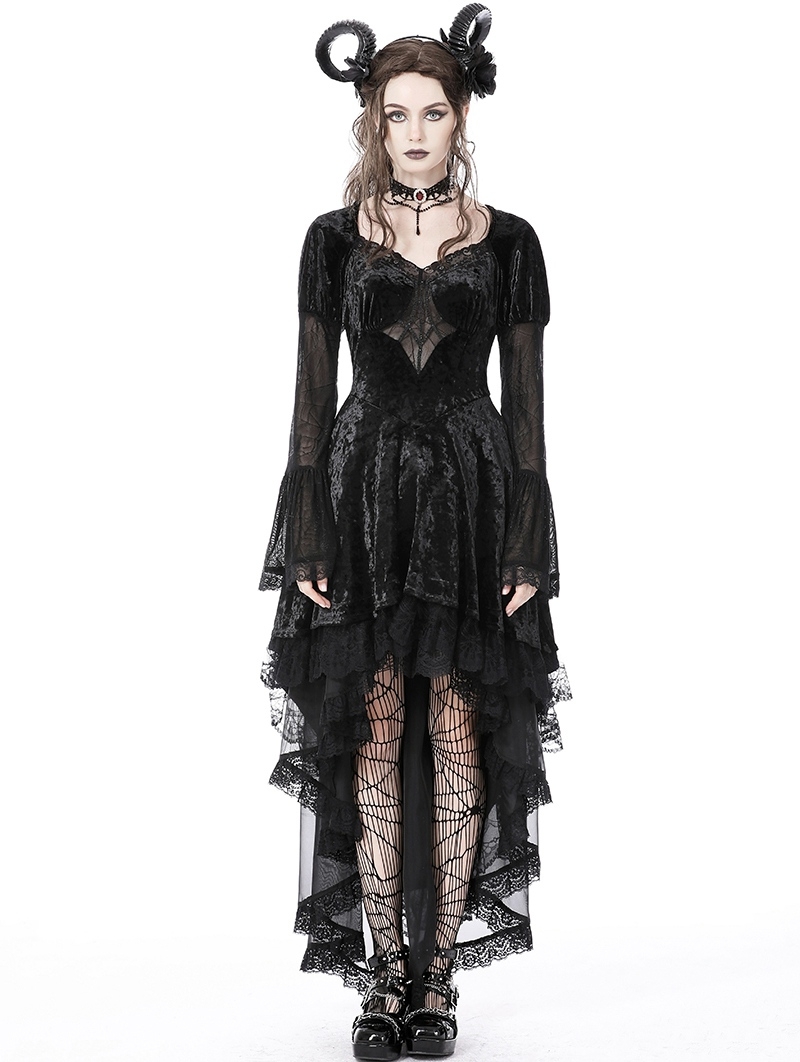 Black Gothic Spider Queen High-Low Velvet Party Dress