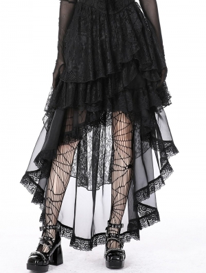 Black Gothic Chiffon Lace Trim High-Low Skirt