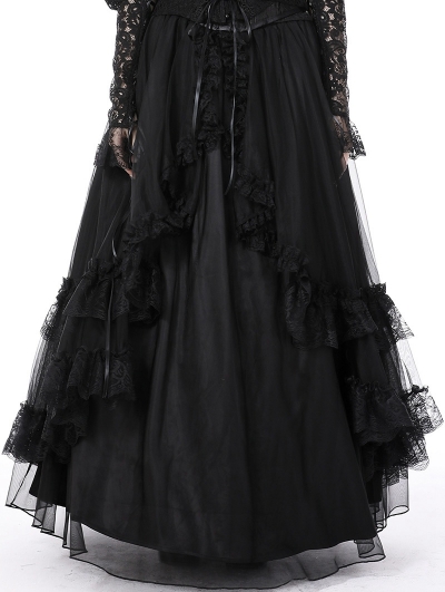 Black Gothic Vintage Court Party Lace Ruffle Maxi Skirt