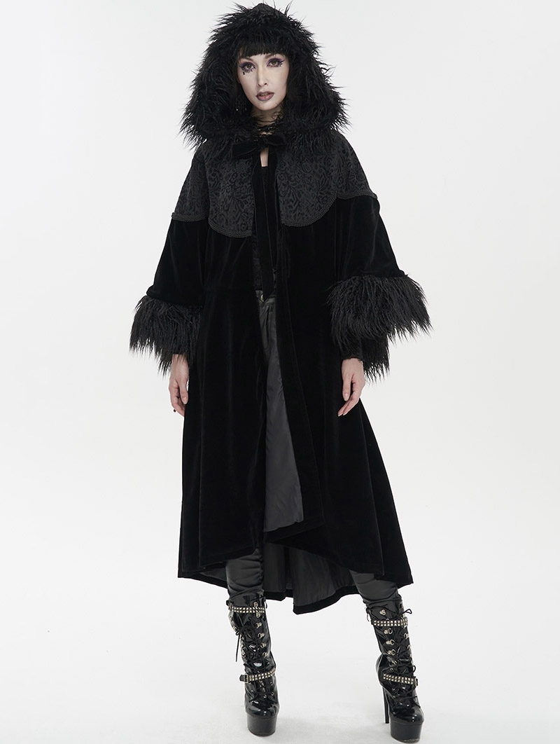 Black Vintage Gothic Fur Warm Loose Hooded Cape Coat for Women