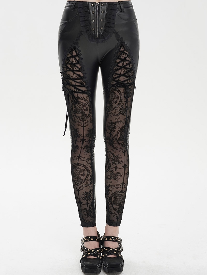 Black Sexy Gothic Hollow Out Lace Long Synthetic Leather Pants for Women