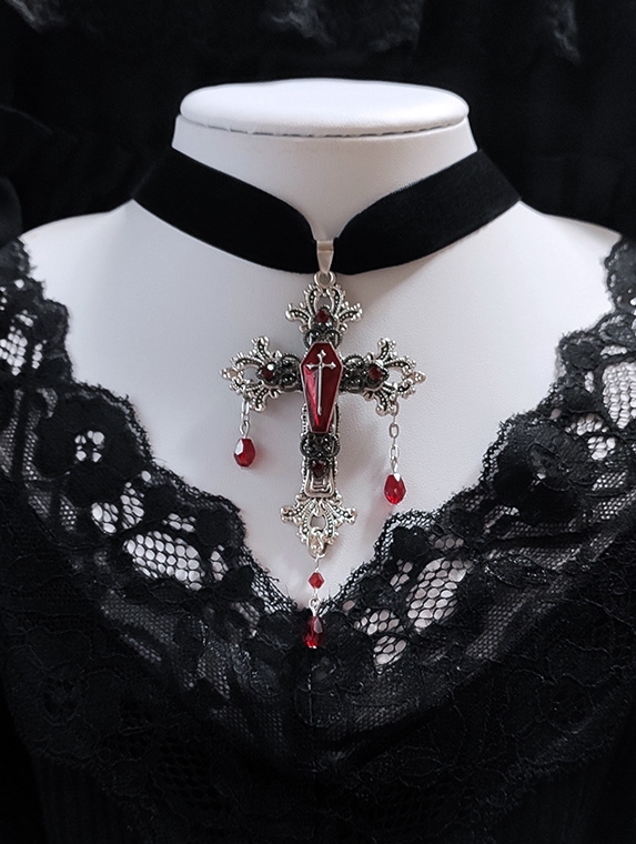 Black Gothic Vintage Velvet Bloody Cross Pendant Choker