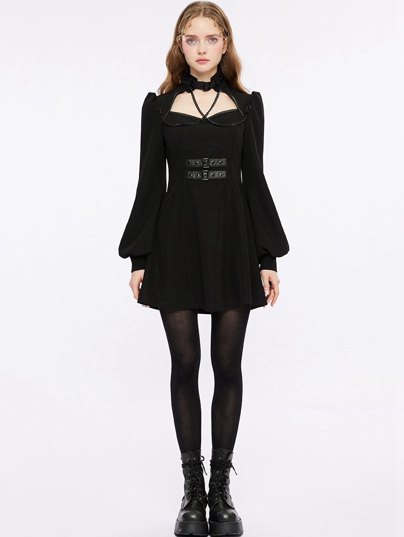 Black Gothic Punk Street Fashion Long Sleeve Short Dress