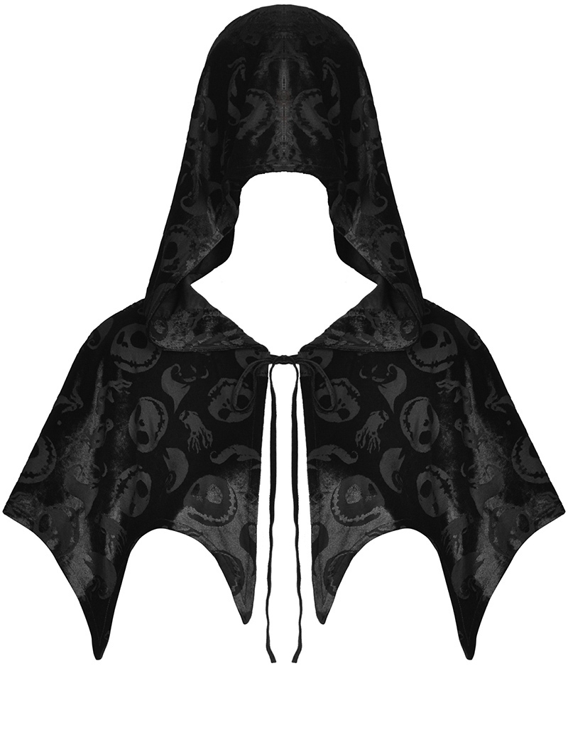 Black Gothic Skull Pattern Velvet Bat Hooded Short Cape for Women