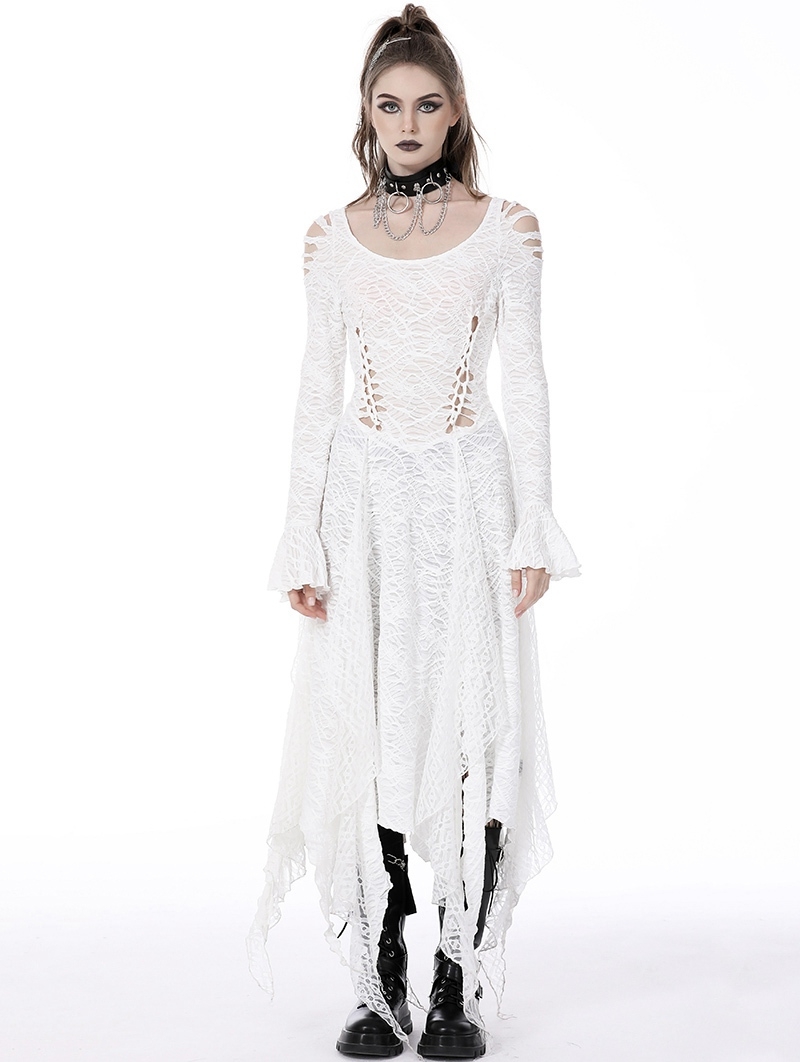 White Gothic Ghost Cutout Long Trumpet Sleeve Maxi Dress