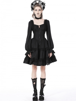 Black Gothic Dead Doll Long Sleeve Short Frilly Dress