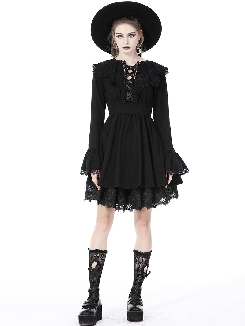 Black Gothic Bat Collar Long sleeve Short Dress