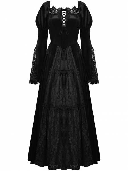 Black Gothic Vintage Gorgeous Velvet Lace Splicing Maxi Party Dress ...