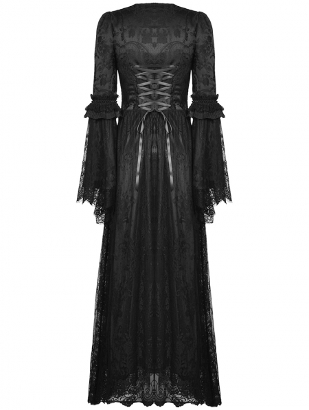 Black Gothic Retro Court Embroidery Long Sleeve Lace Maxi Party Dress ...