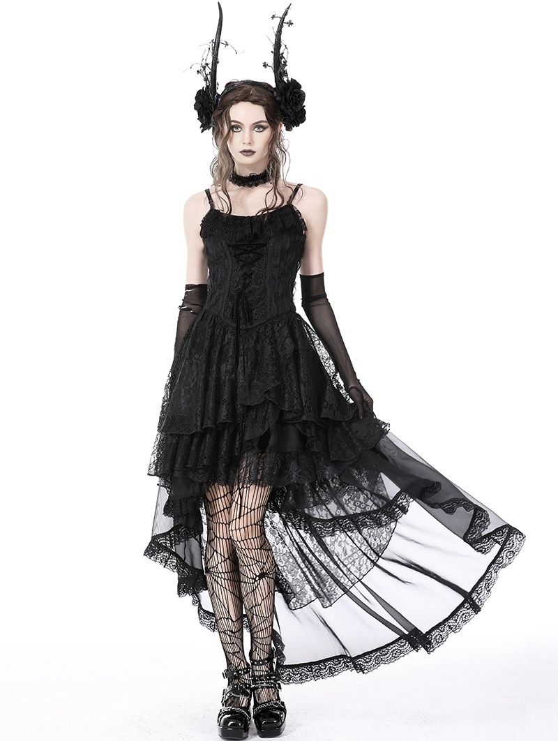 Black Gothic Ghost Frilly Lace High-Low Strap Party Dress