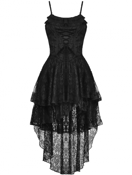 Black Gothic Ghost Frilly Lace High-Low Strap Party Dress - Devilnight ...