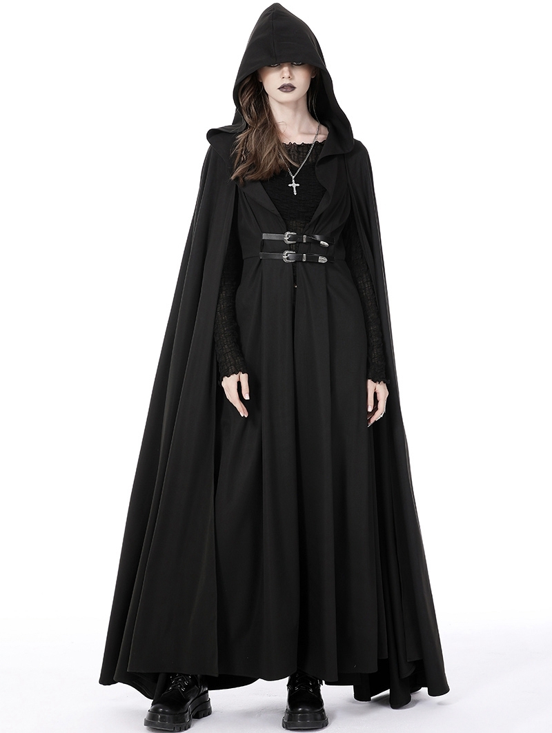 Black Gothic Punk Warrior Hooded Long Cape Coat for Women