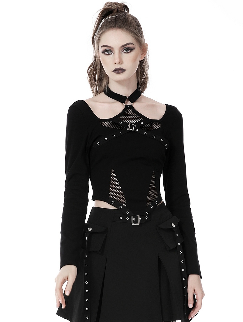 Black Gothic Punk Sexy Net Splicing Halter T-Shirt for Women