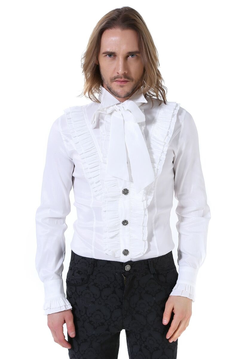 White Long Sleeves Bowtie Gothic Blouse for Men