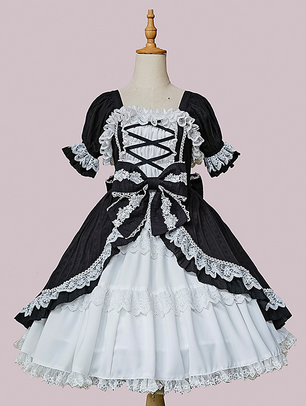 White and Black Dolly Bowknot Short Sleeve Classic Lolita OP Dress