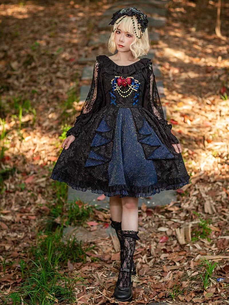 Singer Black Floral Pattern Tiered Sweet Lolita JSK Dress