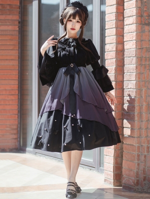 Hibiscus Black and Purple Velvet Gradient Embroidery Gothic Lolita OP Dress