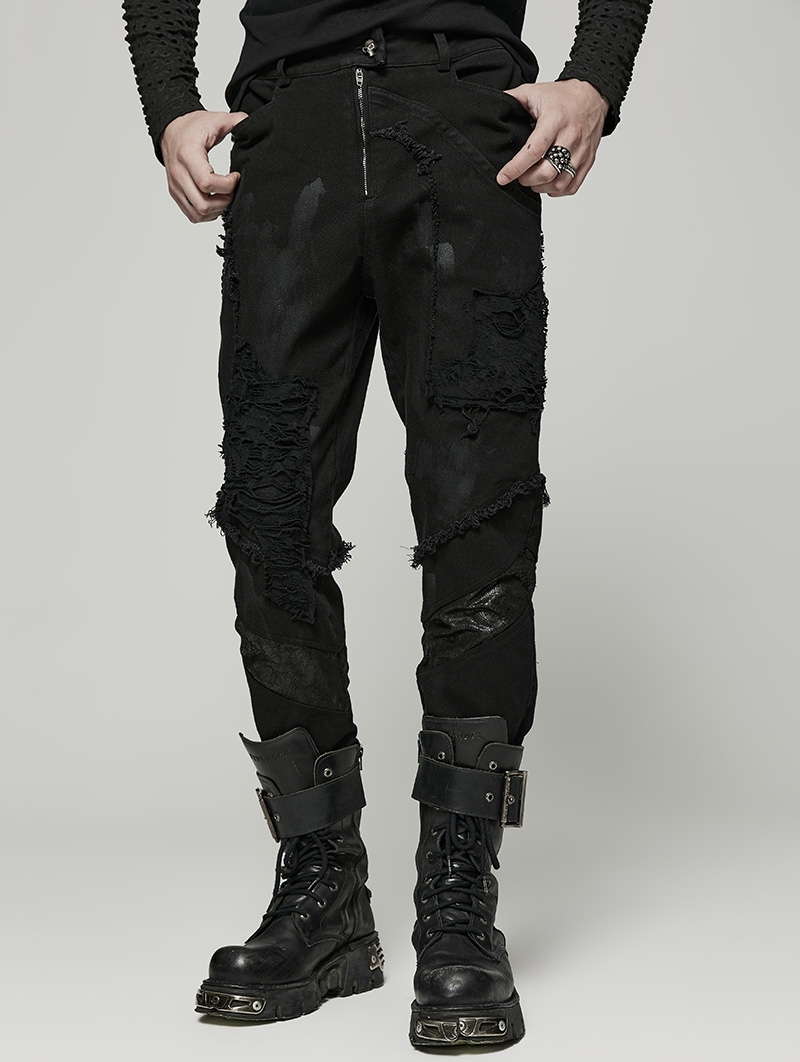 Black Gothic Punk Broken Hole Daily Wear Denim Trousers for Men