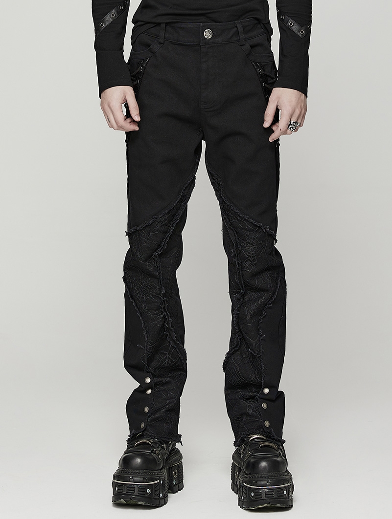 Black Gothic Punk Spider Mesh Spliced Pants for Men