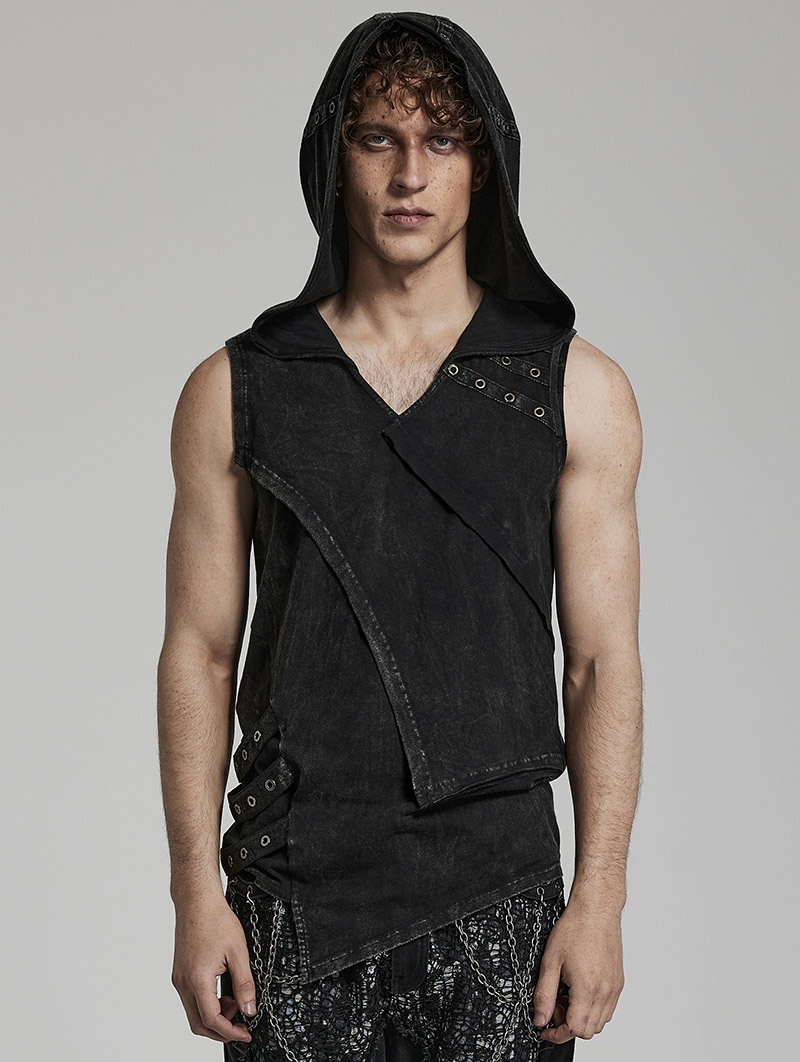 Black Gothic Punk Distressed Asymmetrical Hooded Vest Top for Men