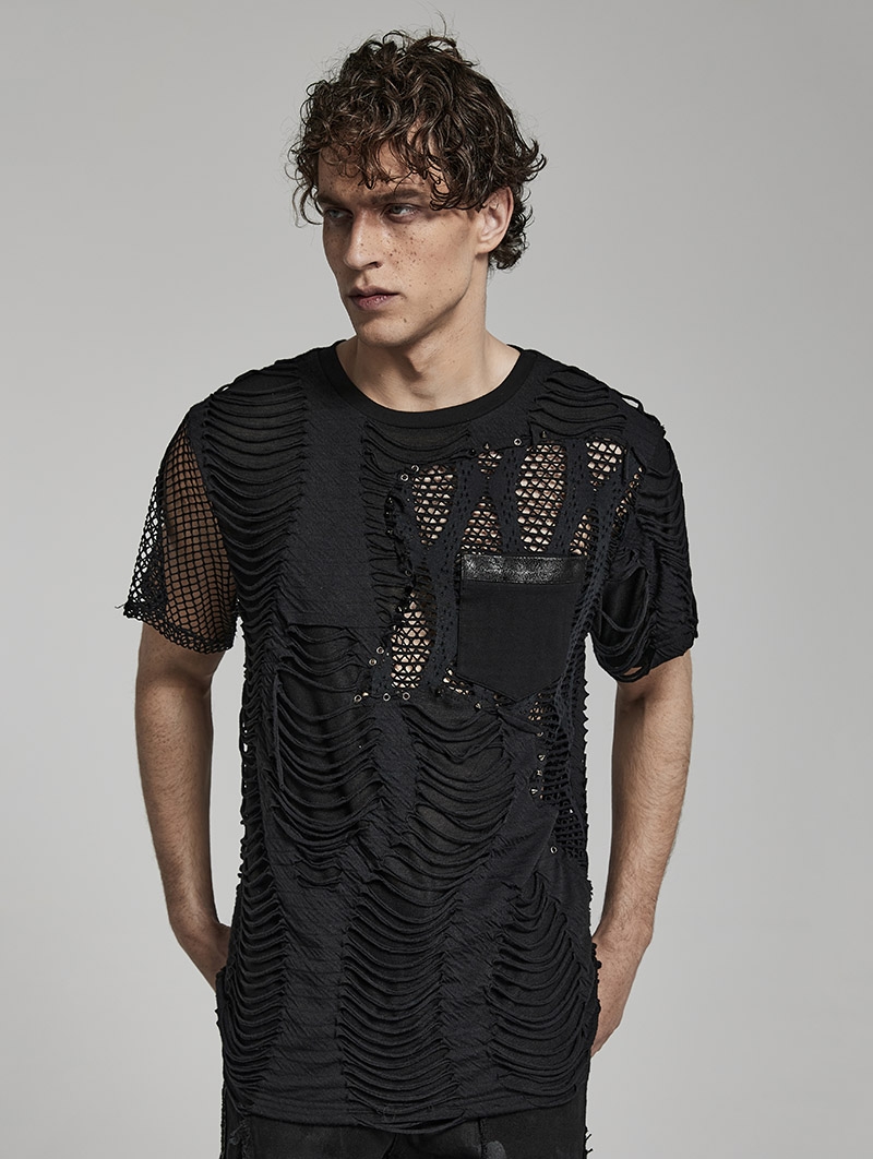 Black Gothic Punk Ripped Irregular Mesh Short Sleeve T-Shirt for Men