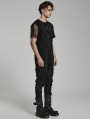 Black Gothic Punk Ripped Irregular Mesh Short Sleeve T-Shirt for Men