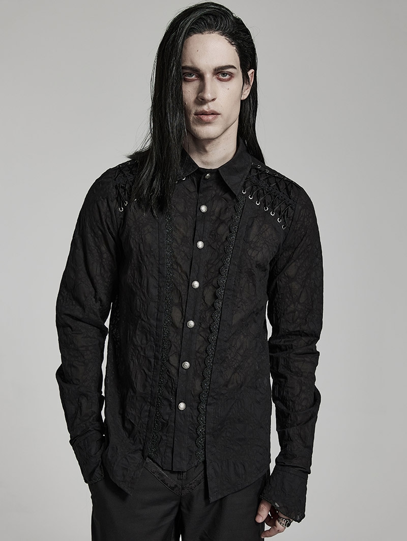 Black Vintage Gothic Lace Trim Long Sleeve Daily Wear Shirt for Men