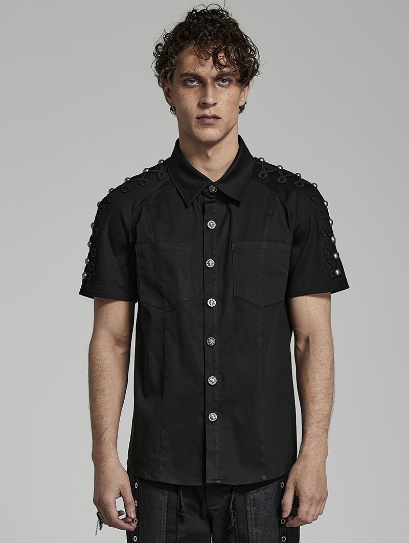 Black Gothic Punk Short Sleeve Daily Wear Fitted Shirt for Men