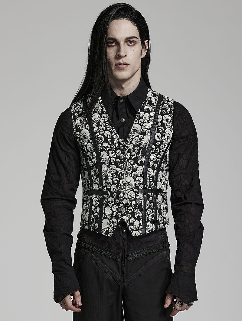 Black and White Gothic Skull Pattern Jacquard Waistcoat for Men