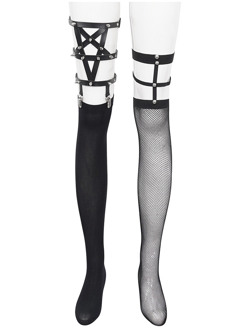 Black Gothic Punk Pentagram Asymmetrical Fishnet Socks