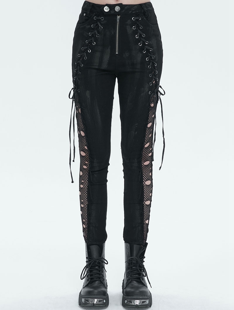 Black Gothic Punk Lace Up Hole Casual Long Pants for Women