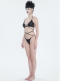 Black Gothic Pattern Halter Cross Straps Two-Piece Bikini Set