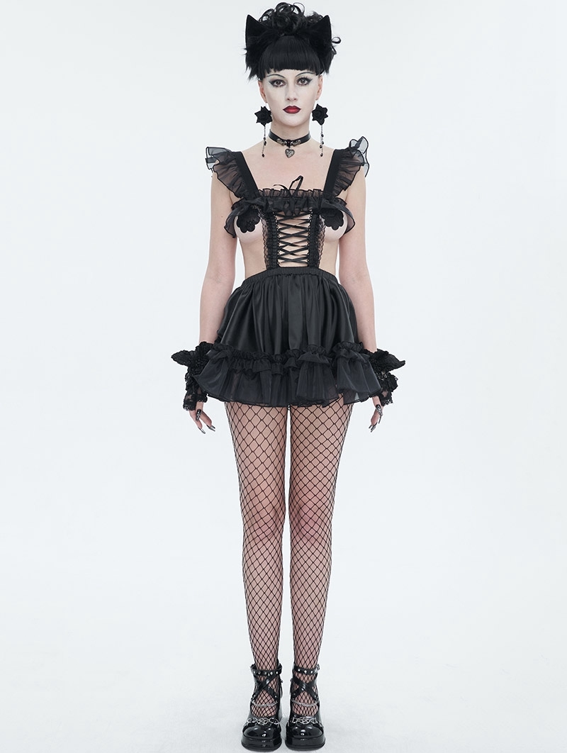 Black Gothic Sweet Frilly Hollow Out Short Sexy Lingerie Dress