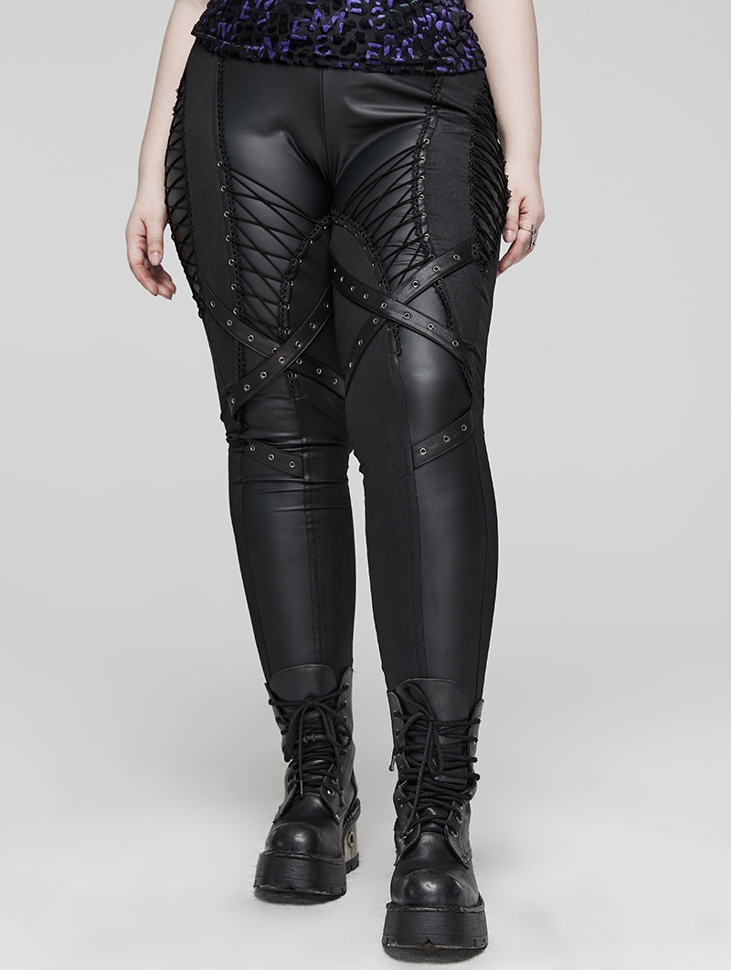 Black Gothic Punk Symmetrical Slim Fit Long Leather Plus Size Pants for Women