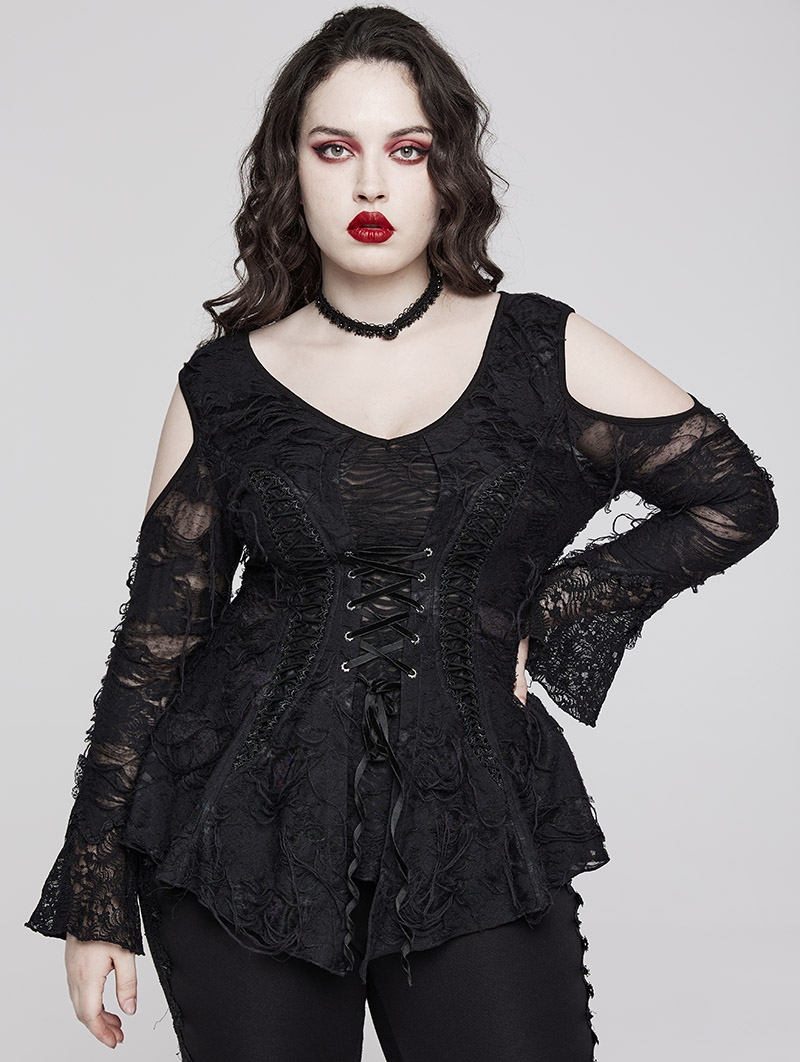 Black Gothic Lace Long Sleeves Sexy Daily Plus Size T-Shirt for Women