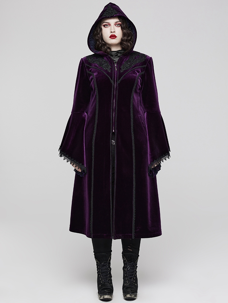 Black and Violet Vintage Gothic Gorgeous Velvet Plus Size Long Hooded Coat for Women