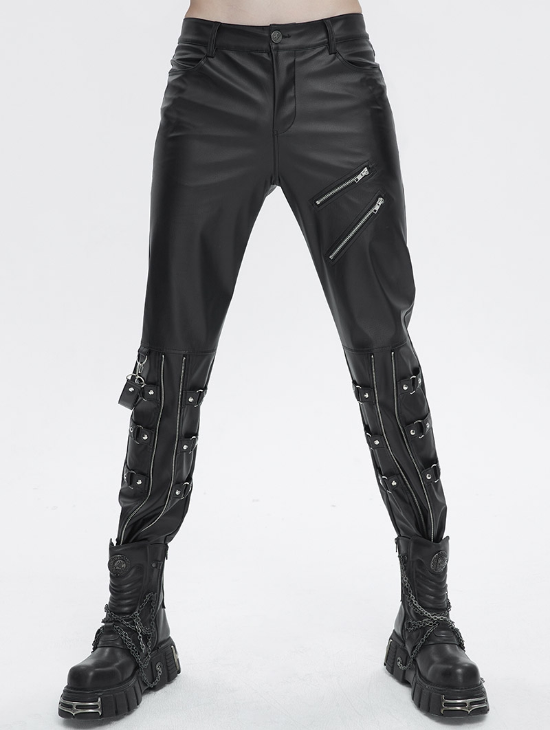 Black Gothic Punk Fashion Fitted Leather Pants for Men