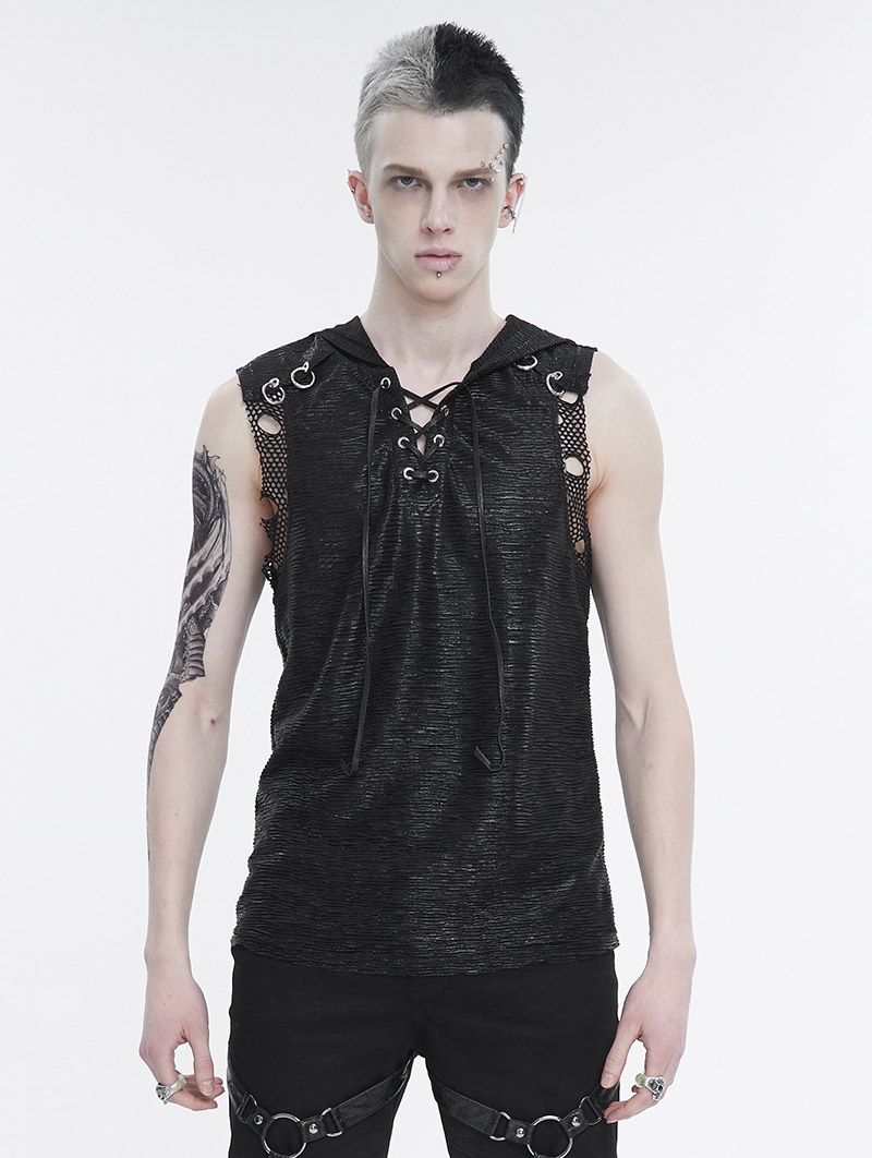 Black Gothic Punk Sleeveless Hooded T-Shirt for Men