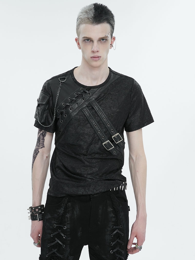 Black Gothic Punk Arm Pocket Short Sleeve T-shirt for Men